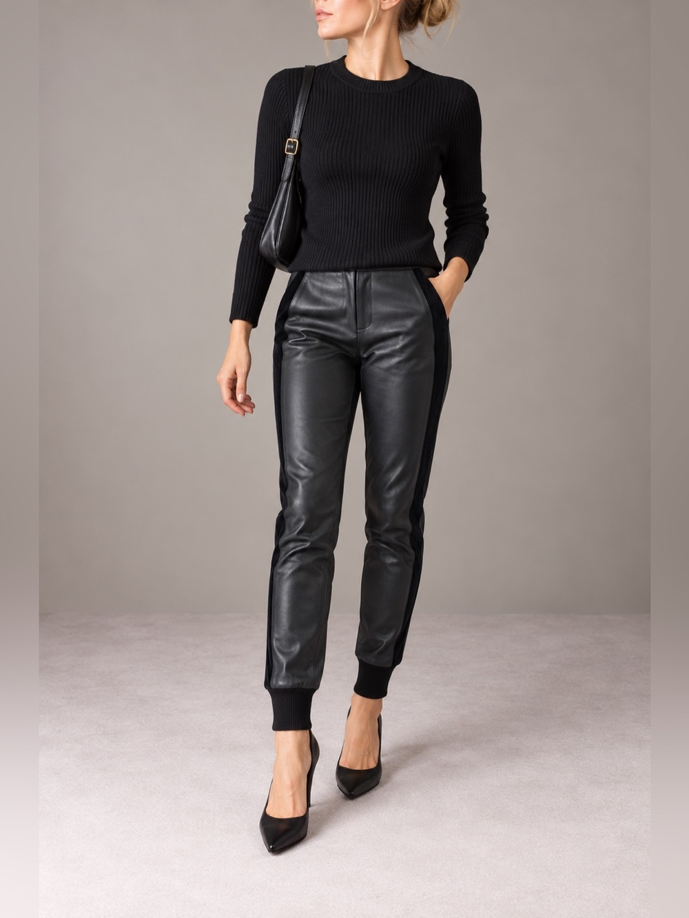 Vince Black Leather Boyfriend Jogger with contrast spandex cuffs MINT